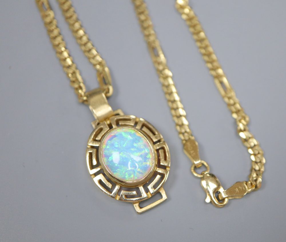 A suite of Indian 585 and white opal jewellery retailed by Alnur, with Greek Key pattern mounts, total 49.4g